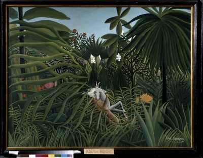 ジャガーに襲われた馬。 ドゥアニエ・ルソーと呼ばれるアンリ・ルソーの絵画 (1844-1910) 作： Henri J.F. Rousseau