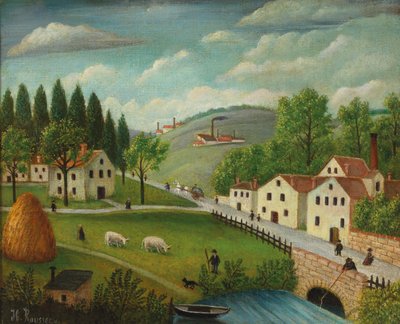 小川、漁師、ベビーカーのある牧歌的な風景、c。 1875-80年（キャンバスに油彩） 作： Henri J.F. Rousseau