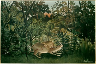 飢えたライオン。アンリ・ルソー(Henri Rousseau dit Le Douanier Rousseau)(1844-1910)の絵画、20世紀。キャンバスに油彩。寸法：2,00 X 3,00m。バレ、美術博物館 作： Henri J.F. Rousseau