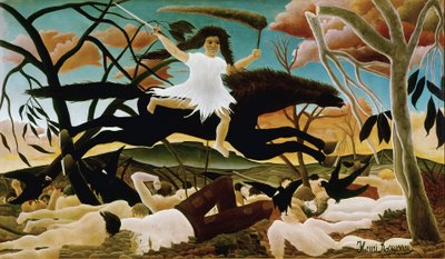 戦争あるいは不協和音の乗り物 絵画 アンリ・ルソー（Henri Rousseau dit le Douanier Rousseau）（1844-1910）の作品。1894.日 114x195 パリ、オルセー美術館 作： Henri J.F. Rousseau