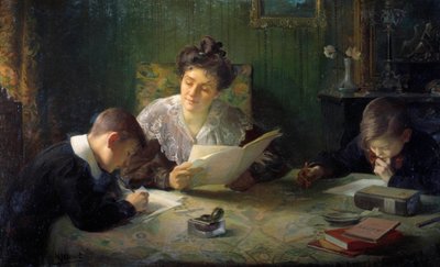 宿題 母親は子供たちが宿題をするのを手伝います。 アンリ・ジャメ (1858-1940) の絵画 20 世紀のオルレアン、ボザール美術館 作： Henri Jamet