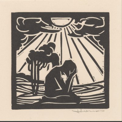 木々のある風景の中でひざまずく人物 作： Henri Jonas (signed by artist)