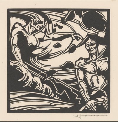 渦巻く気団の中で 2 人の裸の男性 作： Henri Jonas (signed by artist)