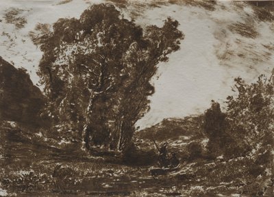 群れの木の近くの湿地にいる2人の船頭、c。 1857。 作： Henri Joseph Constant Dutilleux