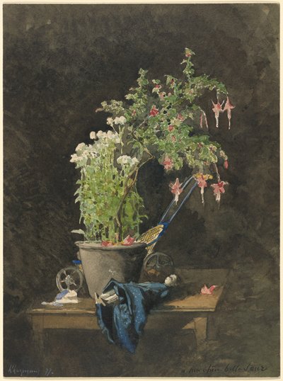 子供のおもちゃと鉢植えのフクシア 作： Henri Joseph Harpignies
