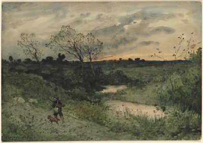 夜明け-犬と一緒のハンター、1882年。 作： Henri Joseph Harpignies