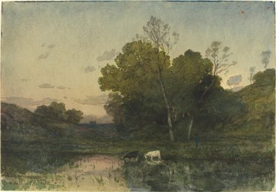 牛を飲みながら樹木が茂った湖畔の夜の光 作： Henri Joseph Harpignies