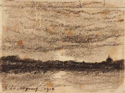 街に向かって水上を望む日没の風景 作： Henri Joseph Harpignies