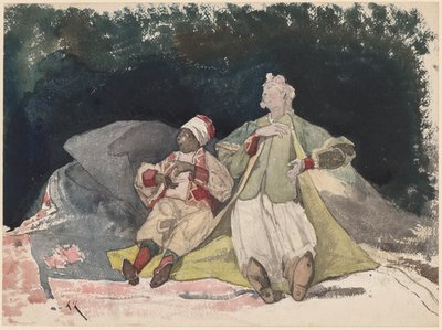 クッションの上に座っている 2 つの人形またはパペット 作： Henri Joseph Harpignies