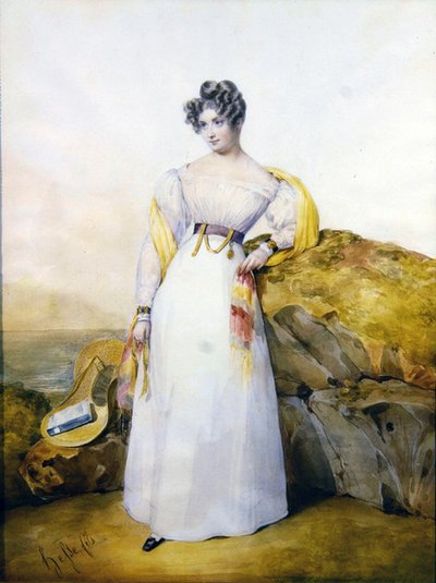 風景の中の女性の肖像（水彩・ガッシュ・ベラム） 作： Henri Joseph Hesse
