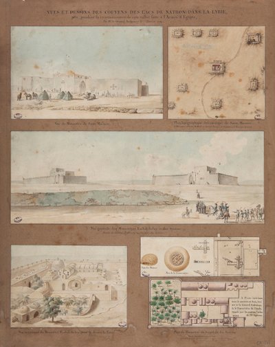 1799年のアンドレオシー将軍率いるエジプト軍の偵察任務中に作成されたリビアのナトロン湖の6つの図と絵（紙、ペン、インク、トイレ） 作： Pierre Joseph Redouté