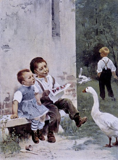 教育：読書する子供とそれを見守る雁 - Geoffroyの絵、「Figaro Illustré」1901年5月号 作： Henri Jules Jean Geoffroy