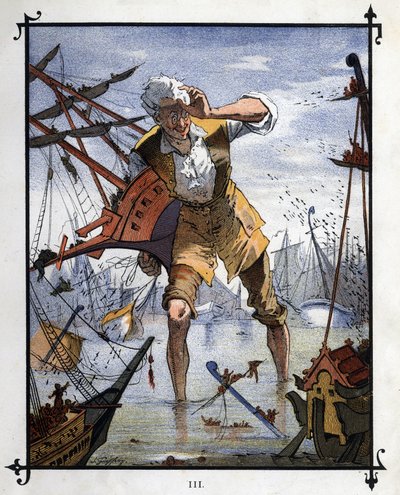 リリパットとブレフスクの船の海戦の中心にいるレミュエル・ガリバー（Lemuel Gulliver）。ジョナサン・スウィフト（1667〜1745）の『ガリバー旅行記』の挿絵 作： Henri Jules Jean Geoffroy