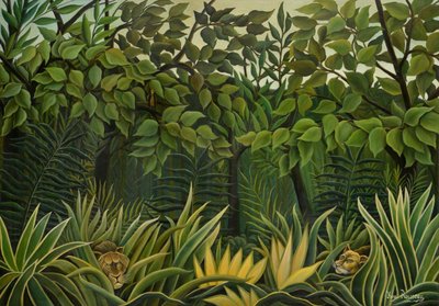 ジャングルの展望台に立つ 2 頭のライオン、1909～1910 年。 作： Henri Julien Félix Rousseau
