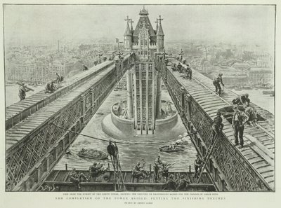 タワー ブリッジの完成: 最後の仕上げ、The Graphic、1894 年 6 月 23 日 (彫刻) より 作： Henri Lanos