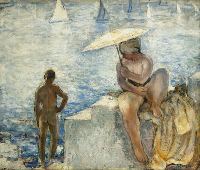日傘を持つ若いスイマー。 La Jeune Baigneuse au Parasol、c。 1925-1930 作： Henri Lebasque