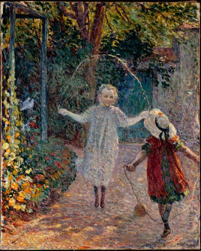 庭で縄跳びをする子供たち。 作： Henri Lebasque