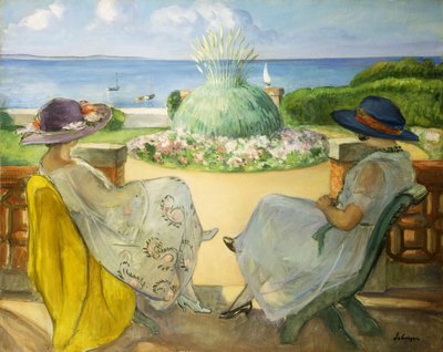 海沿いのテラスで2人の若い女性。海に面したテラスに立つ2人の少女、1922年 作： Henri Lebasque