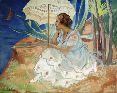 傘を持つ若い女性、Saint Maxime; 「Ombrelle Saint-Maxime、c.1918」の少女 作： Henri Lebasque