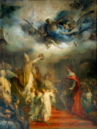 教皇レオン3世は、800年のクリスマスにローマのサン・ピエトロでカール大帝に西欧の皇帝として戴冠する。ヘンリー・レオポルド・レヴィ（1840-1904）の絵 作： Henri Leopold Levy