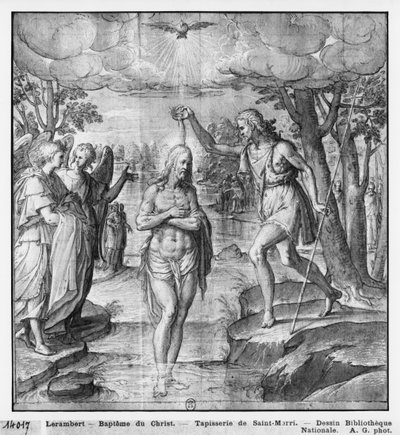 キリストの生涯、キリストのバプテスマ、パリのサンメリ教会のタペストリー漫画の準備研究、1585-90年（紙のピエールノワールと白と白のハイライト） 作： Henri Lerambert