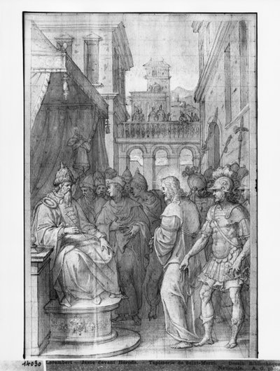 キリストの生涯、ヘロデの前のキリスト、パリのサンメリ教会のタペストリー漫画の準備研究、1585-90年（紙のピエールノワールと白と白のハイライト） 作： Henri Lerambert