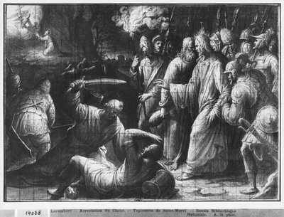 キリストの生涯、キリストの逮捕、パリのサンメリ教会のタペストリー漫画の準備研究、1585-90年（紙のピエールノワールと白と白のハイライト） 作： Henri Lerambert