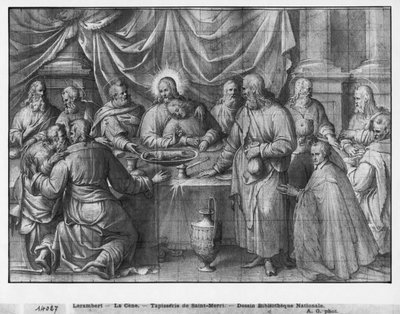 『最後の晩餐』のキリストの生涯、パリのサンメリ教会のタペストリー漫画の準備研究、1585-90年（紙のピエールノワールと白と白のハイライト） 作： Henri Lerambert