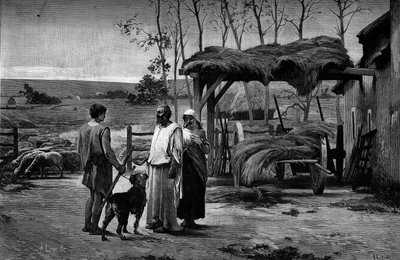 聖書の場面。"Jacob at Laban"Henry Lerolle Henry (1848-1929)による絵画の後のエングレーヴィング。1月31日付「The Illustrous World」1192号に掲載。 作： Henri Lerolle