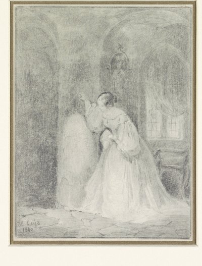 柱にもたれて若い女性とインテリア 作： Henri Leys (baron)