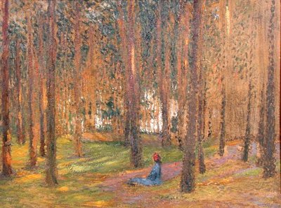 森の中で座っているウォーカー」1890年頃（板に油彩 作： Henri Martin