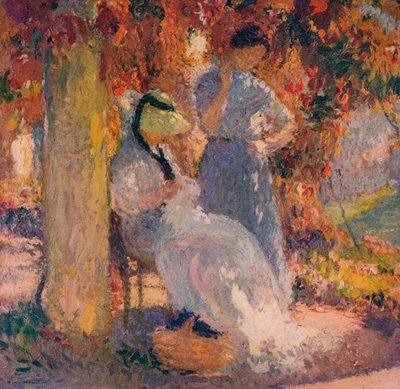 マーキーロルのパーゴラの下での縫製シーン、1902年、c1932 作： Henri Martin