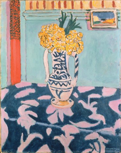 青とピンクの生地にカウスリップ 作： Henri Matisse
