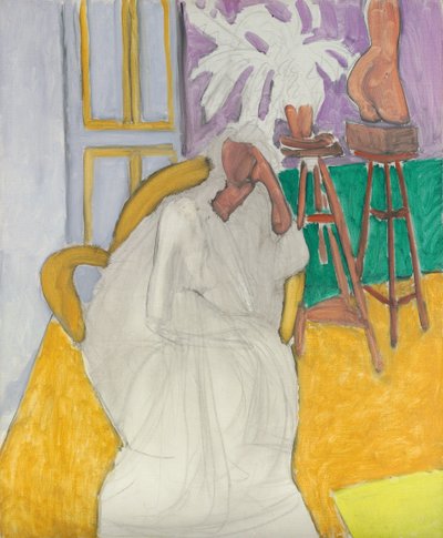 座っている人物とギリシアのトルソ（ガンドゥーラ像） 作： Henri Matisse