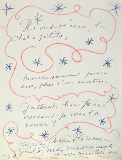 画家からフローレンス・グールド（1895年生）への手紙、1948年7月29日（紙にペンとクレヨン） 作： Henri Matisse