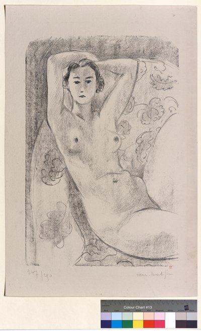 花柄の模様が施されたアームチェアに裸で座っている 作： Henri Matisse