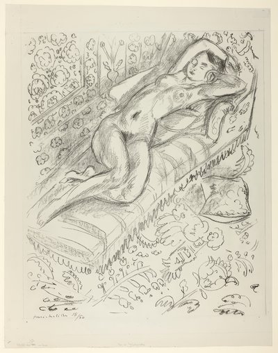 マシュラビヤの背景で寝椅子に座るヌード 作： Henri Matisse