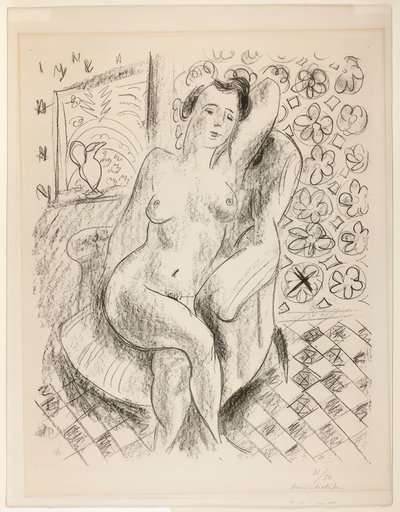 アームチェアに座るヌード、背景はマシュラビヤ 作： Henri Matisse