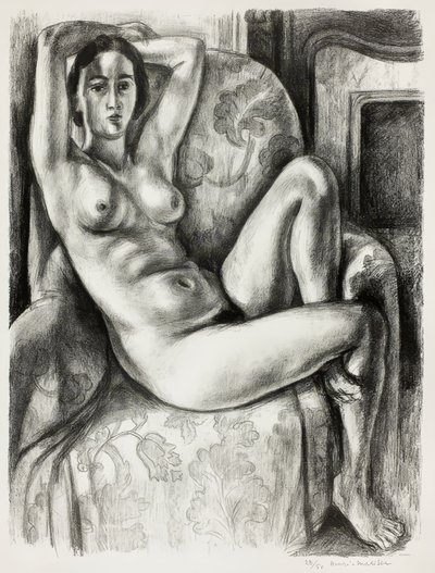 暖炉のそばのヌードと青いクッション 作： Henri Matisse