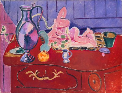 赤い箪笥の上のピンクの像と水差し 作： Henri Matisse