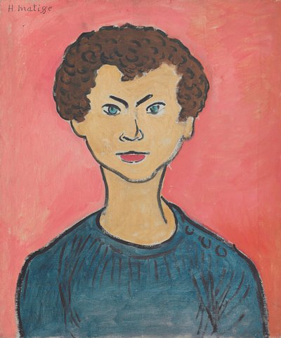 カーリーヘアのポートレート、マリンブルーのセーター 作： Henri Matisse