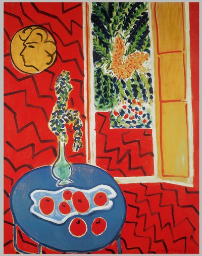 赤いインテリア青いテーブルの上の静物 作： Henri Matisse