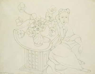 チューリップの花瓶を持つ座った女性 作： アンリ・マティス
