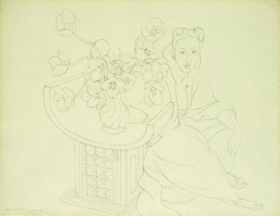 チューリップの花瓶を持つ座った女性 作： Henri Matisse