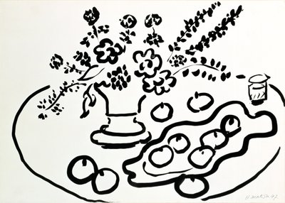 花瓶と果物皿のある静物画 作： アンリ・マティス