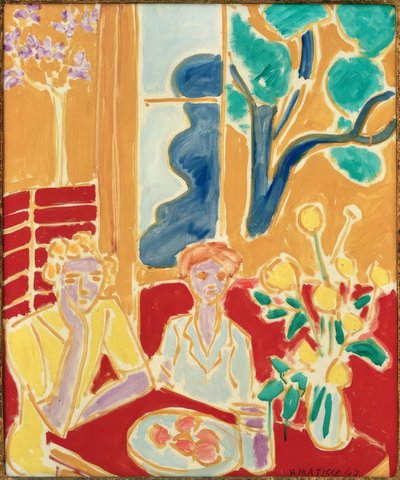 黄色と赤の背景に2人の少女 作： Henri Matisse