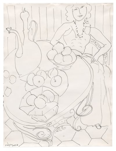 フルーツとピッチャーを持ったテーブルに座る女性 作： Henri Matisse