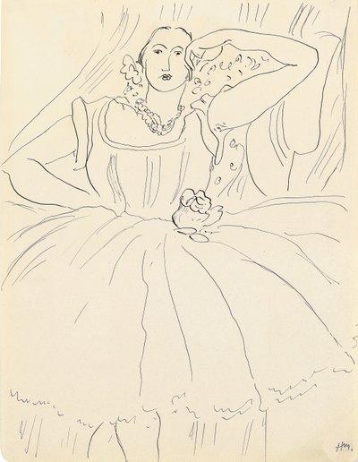 イブニングドレスの女 （紙にペンとインク） 作： Henri Matisse