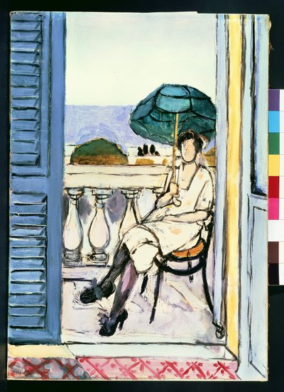 バルコニーで緑の日傘をさす女性 作： Henri Matisse