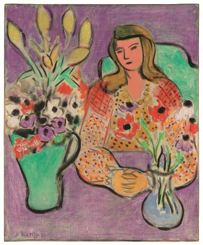 紫色の背景にアネモネを持つ若い女性 作： Henri Matisse